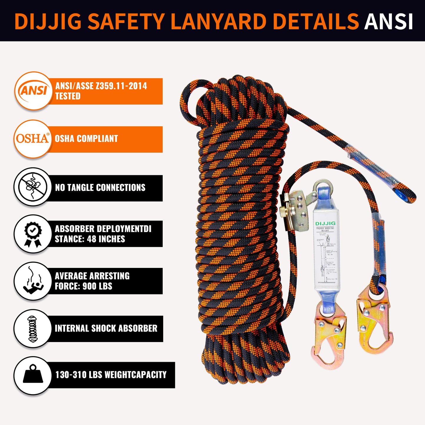 DIJJIG Rope Harness Safety Lanyard 25ft Vertical Roofing Rope With Grab Snap Hooks Shock Absorber Fall Protection Tree Climbing Line Kit Heavy Duty Roof Safety Equipment ANSI CE