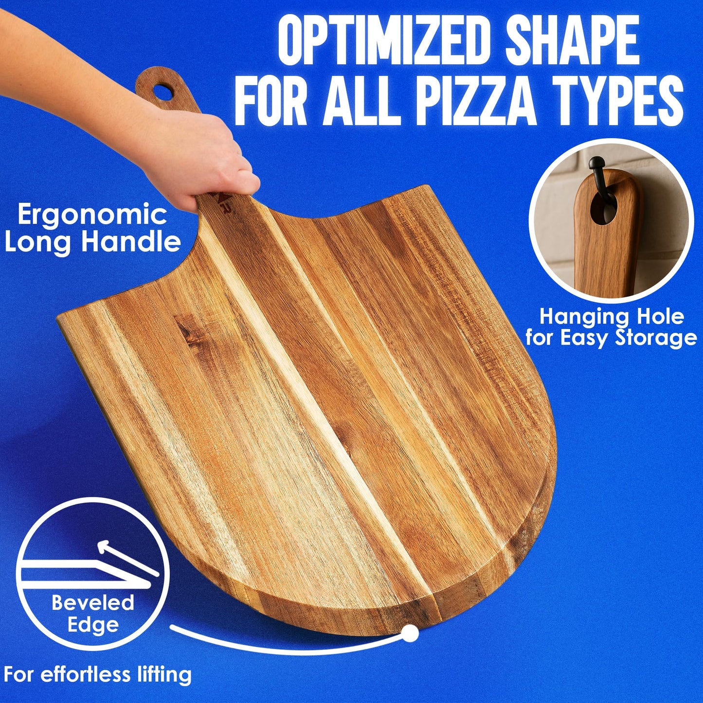 KitchenStar 16-Inch Acacia Wood Pizza Peel – Extra Large Wooden Cutting & Serving Board with Handle – Natural Oil Finish – Ideal Pizza Oven Accessory for Easy Sliding & Prep