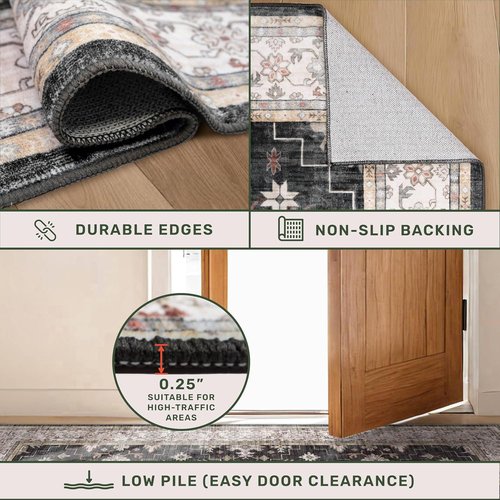 Boho Black Rug - Washable 10x14 Area Rug, Soft Low Pile Carpet for Living Room & Dining Room | Non-Slip, Stain Resistant