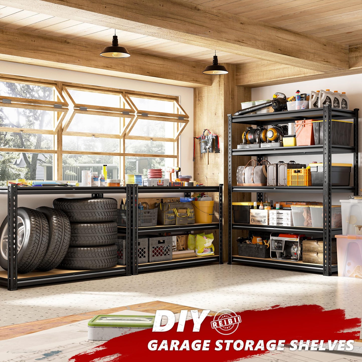 REIBII 2400LBS Storage Shelves 5 Tier Garage Shelving Heavy Duty Adjustable Garage Shelves, Utility Rack Shelf, Shelving Units for Warehouse Pantry Closet, Commercial, 35.5" W x 11.9" D x 72" H, Black