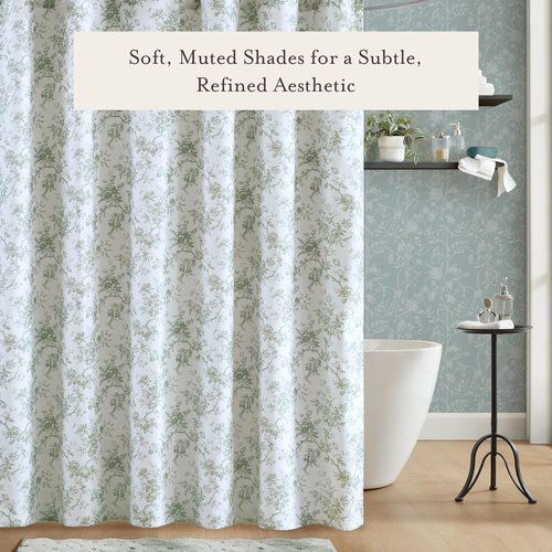 Laura Ashley Walled Garden Shower Curtain, Textured Cotton-Rich Slub Fabric, Tonal Floral Print, Elegant Transitional Bathroom Decor, Machine Washable 72"x72", Green