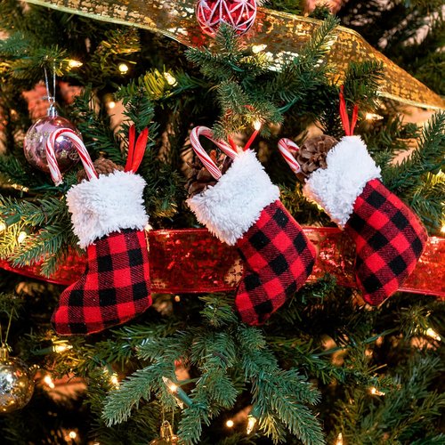 JOYIN 24 PCS Mini Christmas Stockings - Red Black Plaid Holiday Decor for Trees & Parties