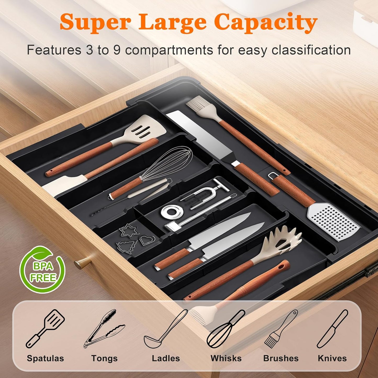 Spaclear Utensil Drawer Organizer - Expandable Silverware Holder with Adjustable Dividers | Black