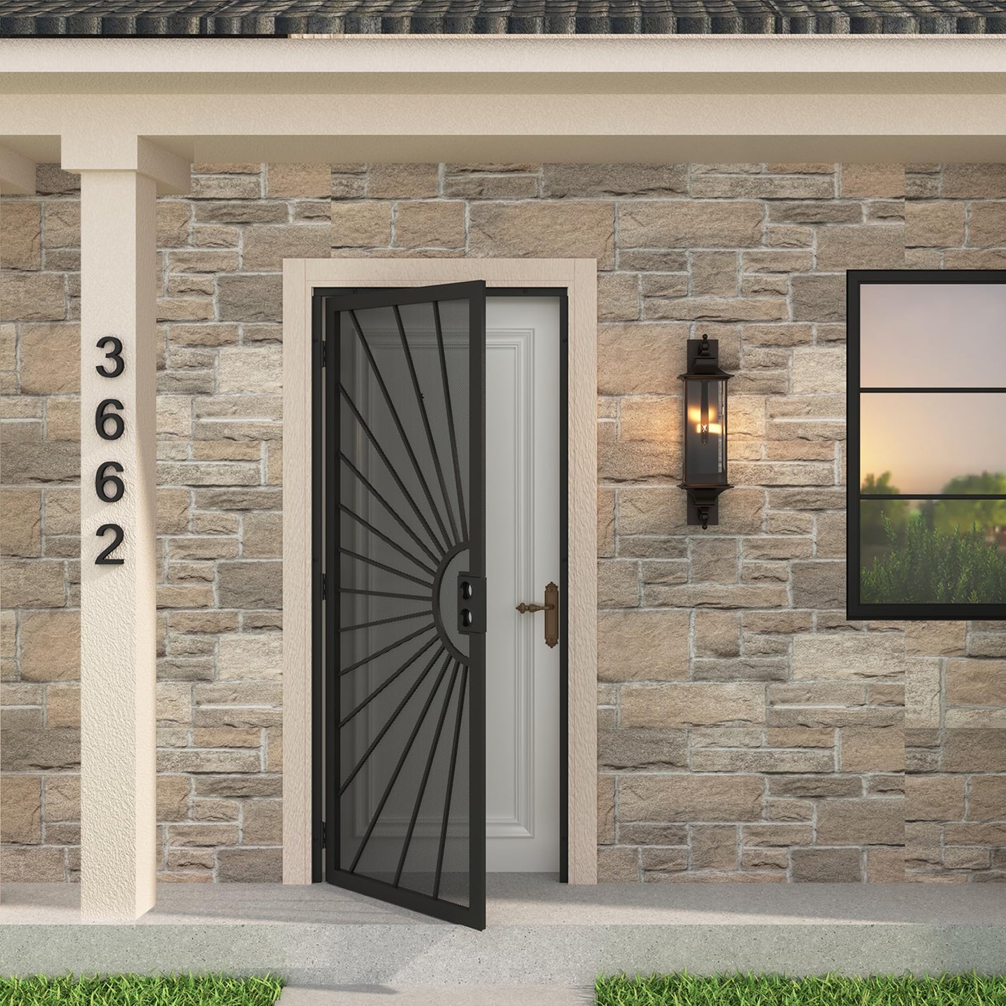 JUBEST 32 in. x 80 in. Security Door, Exterior Front Entry Door, Outswing Steel Security Door with Perforated Metal Screen, Powder Coated Black, Lock Not Include