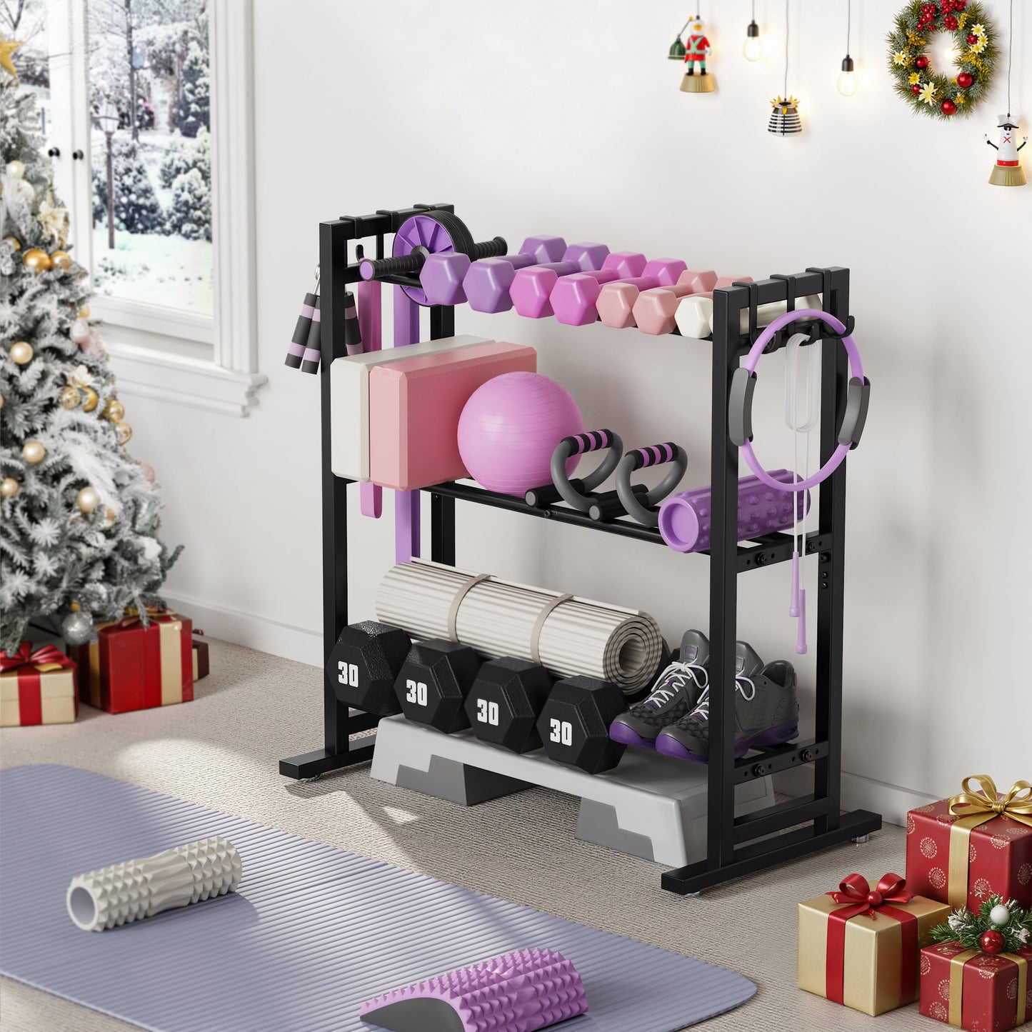niffgaff 3 Tier Adjustable Dumbbell Rack, Weight Rack for Home Gym, 450 lb Capacity with Extra Storage Hooks