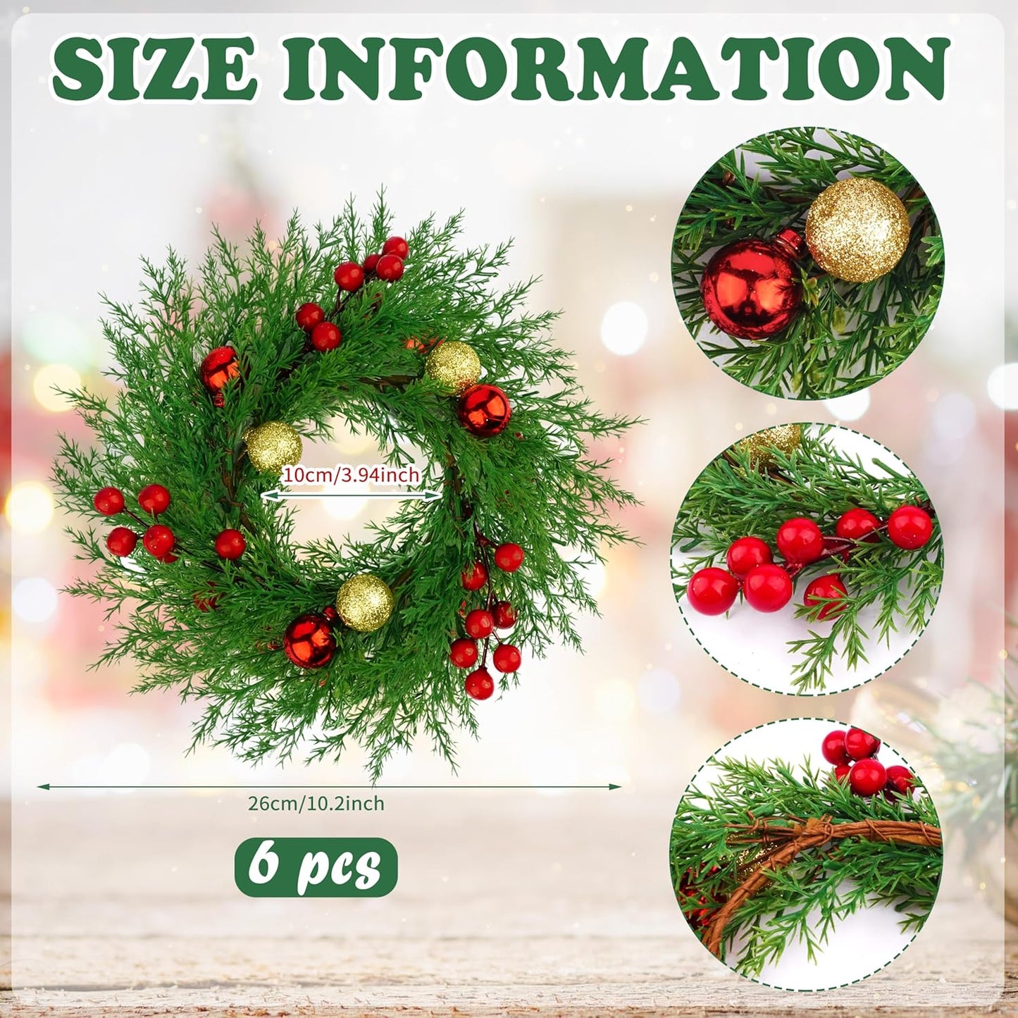 Regine Switzerland Christmas Candle Rings - 6 Pcs Mini Wreaths with Red Berries & Xmas Balls for Holiday Decor
