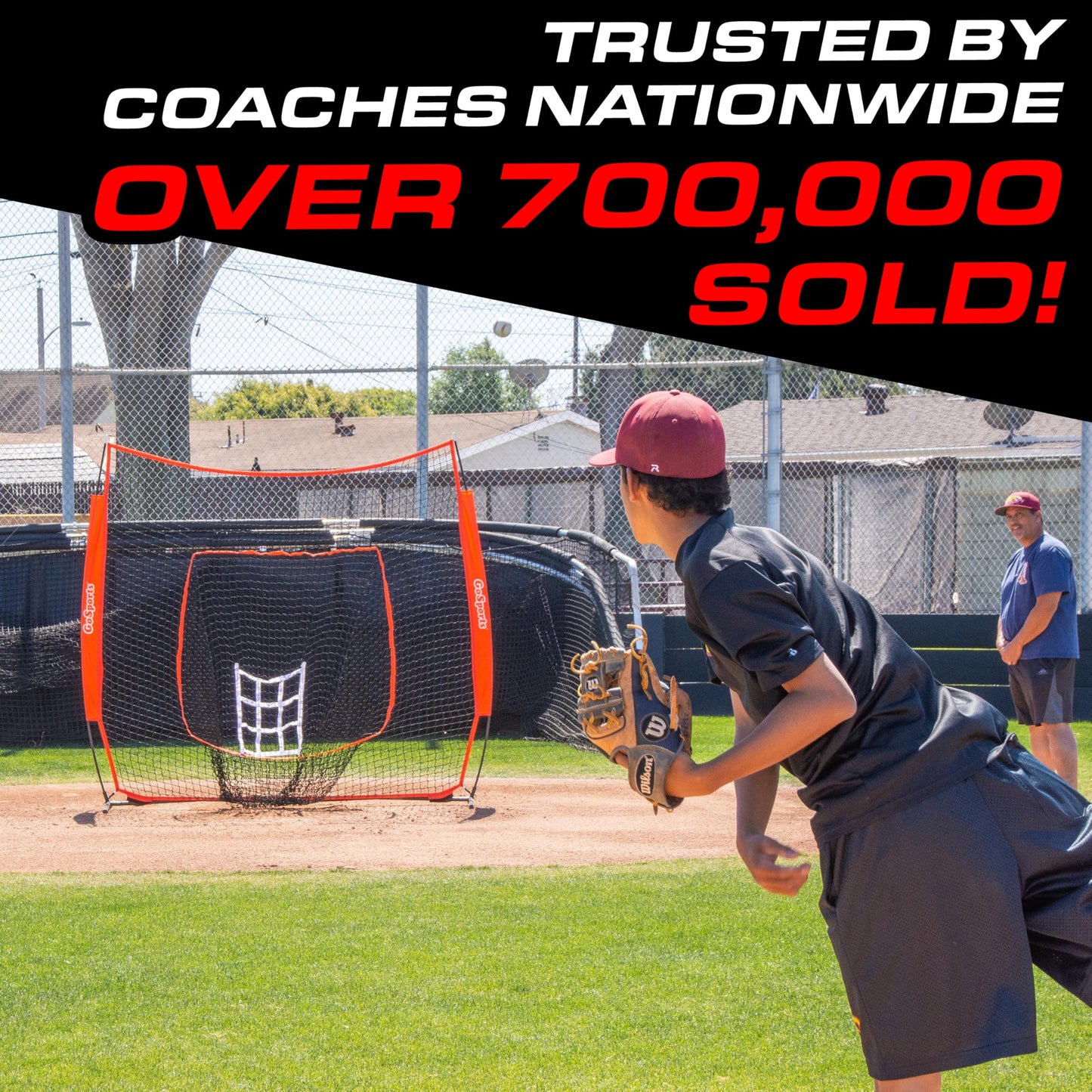GoSports 7 ft x 7 ft Baseball & Softball Practice Hitting & Pitching Net with Bow Type Frame, Carry Bag and Strike Zone, Great for All Skill Levels