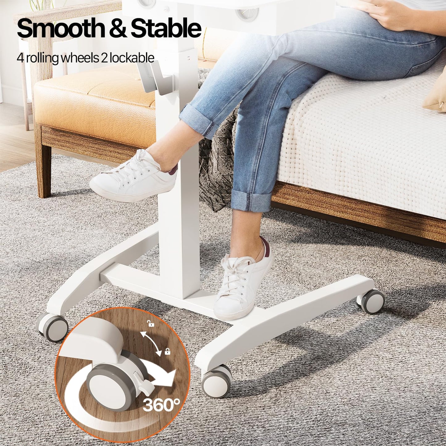 JOY worker Mobile Standing Desk with Storage Drawer, Pneumatic Height Adjustable Mobile Laptop Desk Workstation, White Rolling Cart with Wheels for Home Office Classroom