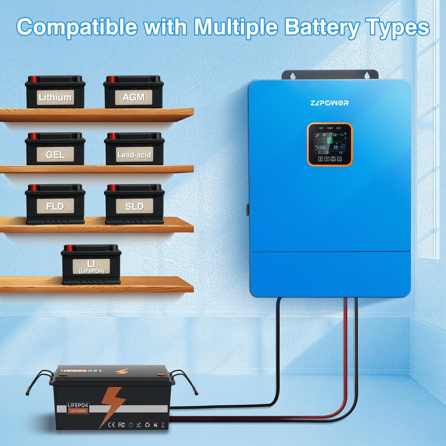ZLPOWER 10000W Solar Inverter 48V Split Phase 120V/240V, 11000W Max PV Input Hybrid Inverter Charger, Battery-Free Operation, Pure Sine Wave for Whole Home Backup (WiFi and BMS COMM)
