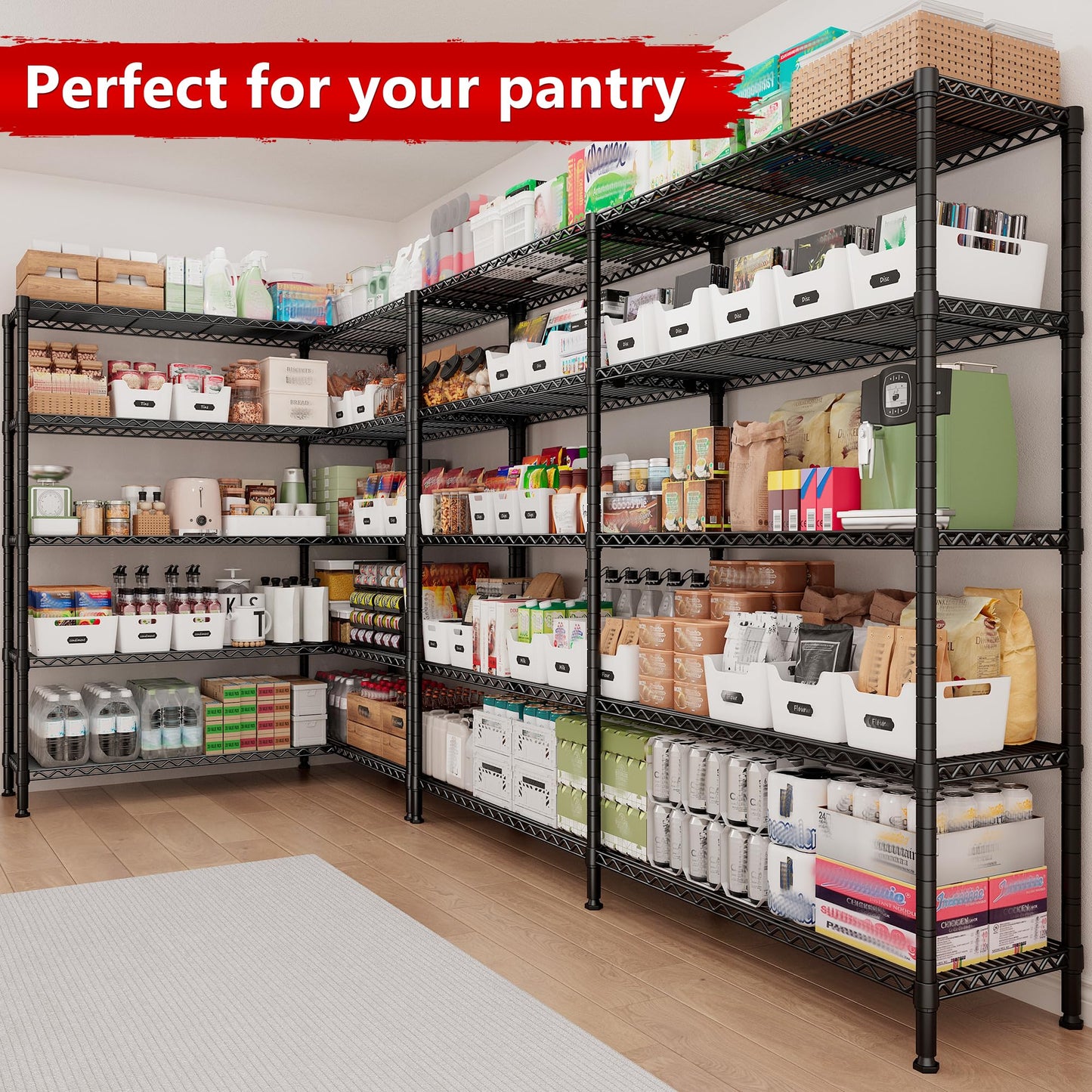 REIBII 70" W Storage Shelves 1600LBS,Widen Garage Shelving Heavy Duty Metal Shelving 5-Tier Wire Shelving, L-Shaped Wire Shelving Adjustable Metal Shelves for Pantry Kitchen Garage, 15.8" D*72.4" H
