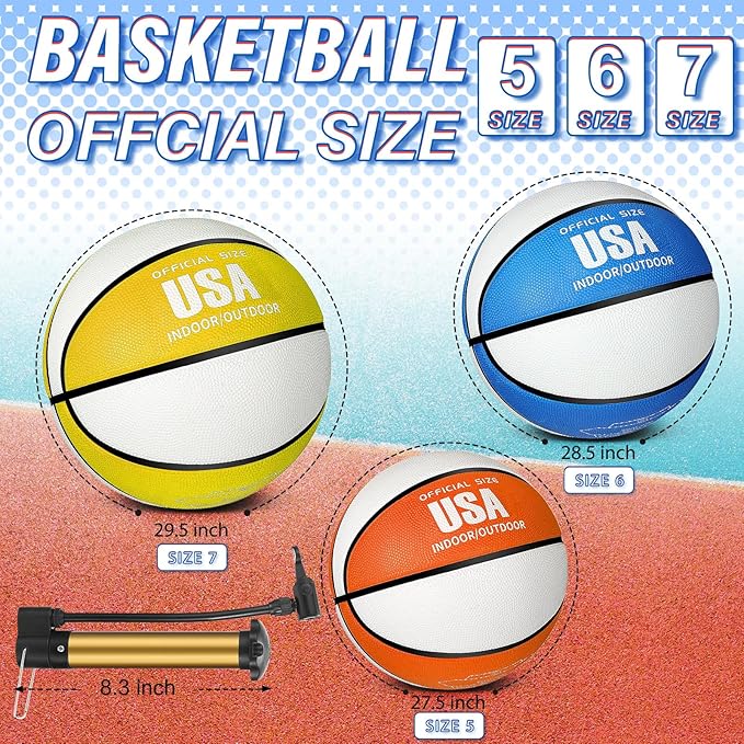 Lenwen 12 Pieces Rubber Basketball Bulk Official Size Basketball with Pump for Game Practice Training Street Ball Sport Gift for Kids Youth Teens Adults Indoor Outdoor