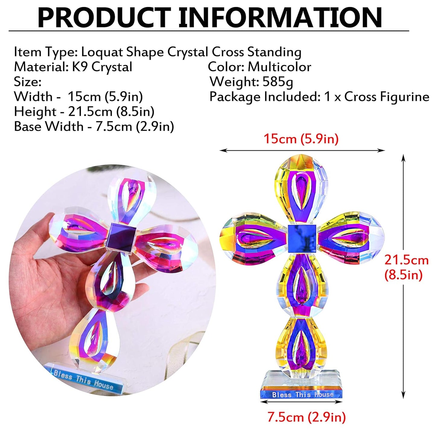 QFkris Crystal Cross Figurine - Elegant 8.5-Inch Tabletop Decor for Home & Gift for Women