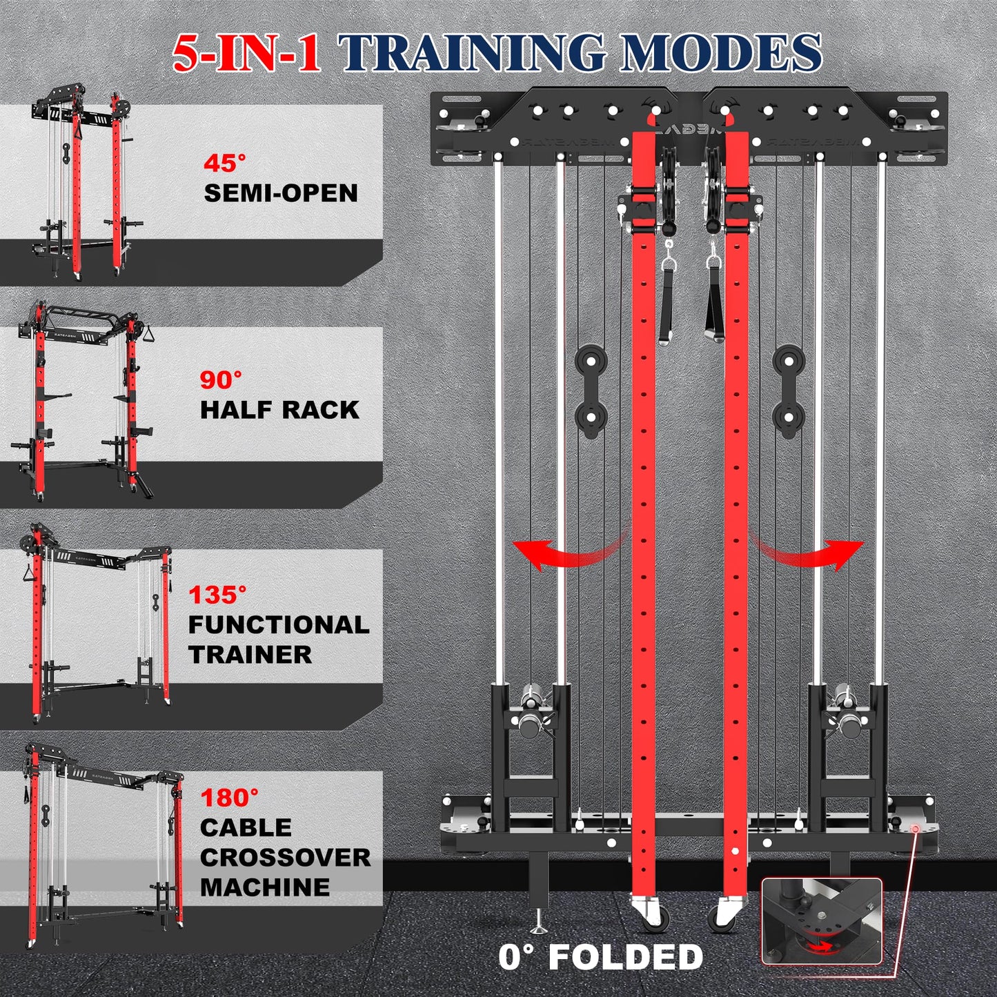 Power Cage, Folding Power Rack, 2000LBS Wall Mounted Squat Rack with Cable Pulley System, Landmine Attachment and Multi-Grip for Home Gym Small Space