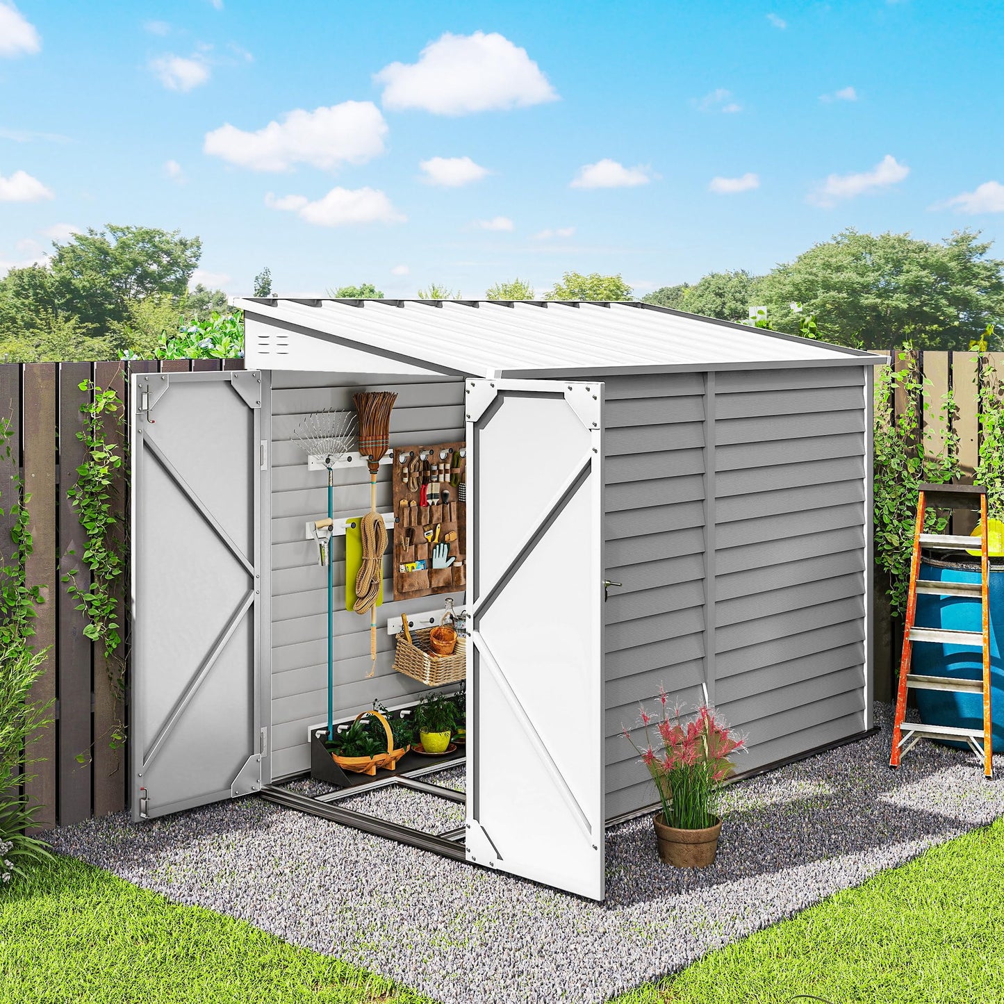Outsunny 4.6' x 9' Steel Outdoor Storage Shed, Waterproof Lean to Shed, Metal Garden Tool House with Foundation Kit, Lockable Doors, Gloves and 2 Air Vents for Backyard, Patio, Lawn, White