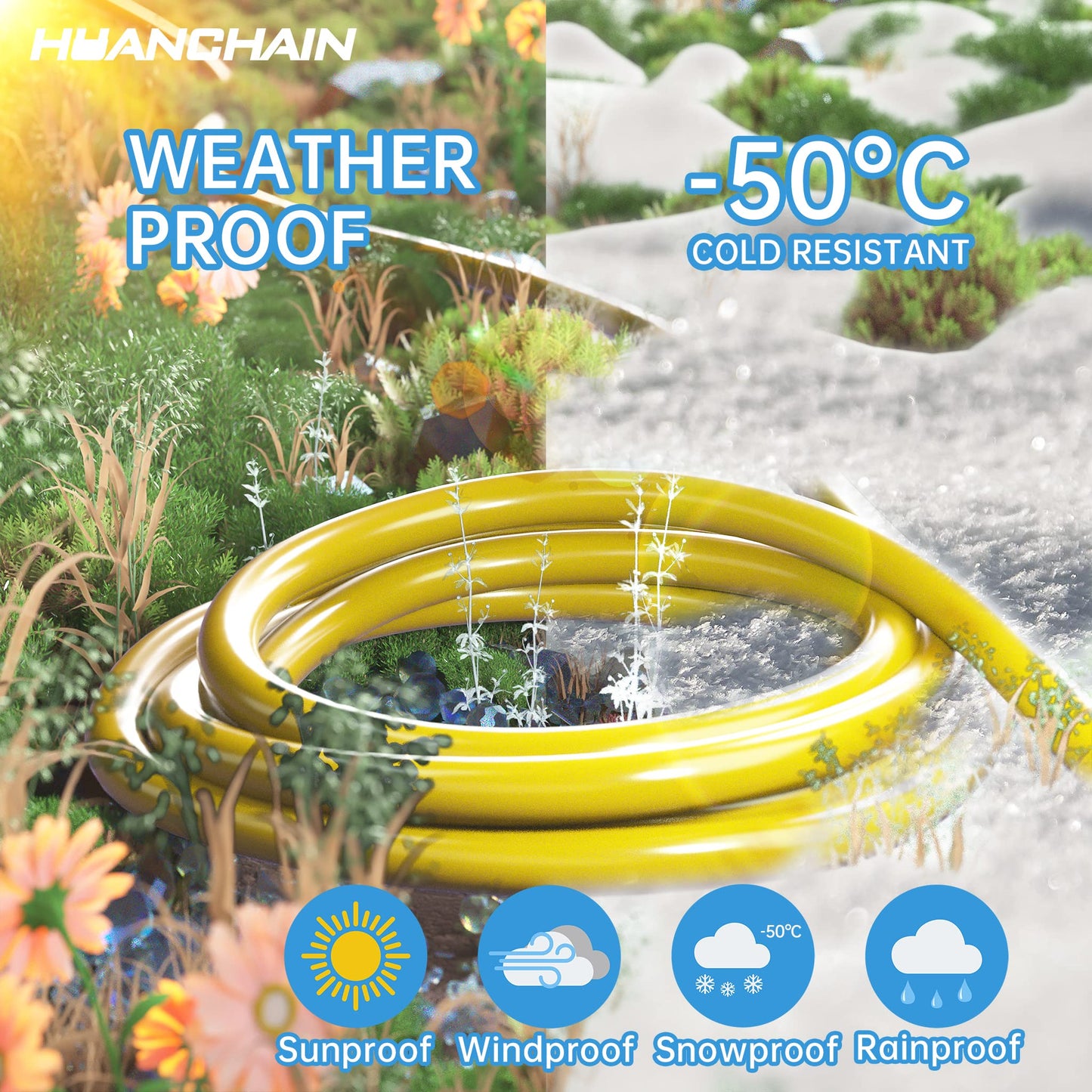 HUANCHAIN 500 ft Outdoor Extension Cord Waterproof 12/3 Gauge Heavy Duty with Lighted end, Flexible Cold-Resistant 3 Prong Electric Cord Outside, 15Amp 1875W 12AWG SJTW, Yellow, ETL