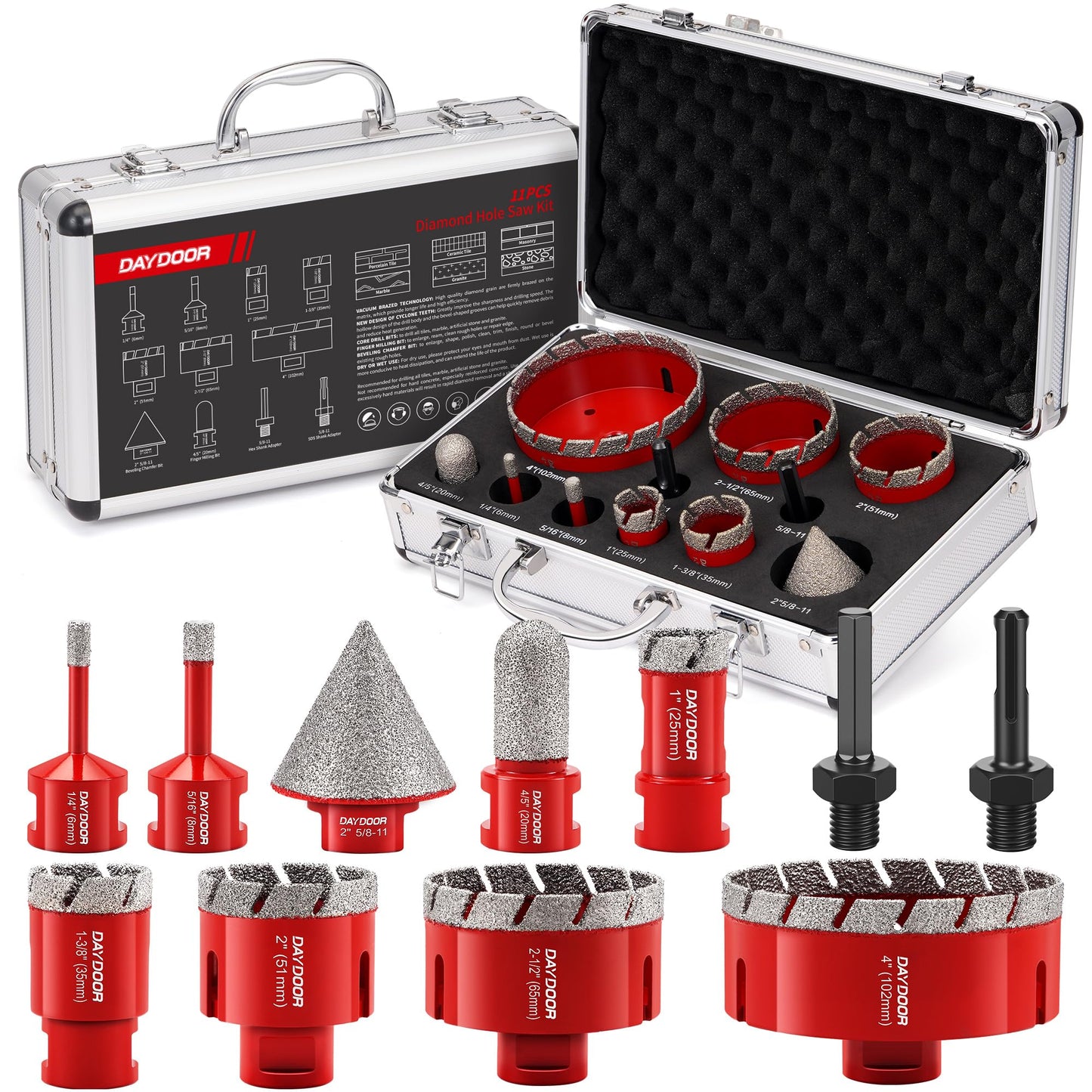 DAYDOOR Diamond Hole Saw Kit, 11-PieceTile Hole Saw Kit 1/4" 5/16" 4/5" 1" 1-3/8" 2" 2-1/2" 4",Vacuum Brazed Core Drill Bits for Porcelain Tile, Granite, Marble, Stone(Red)