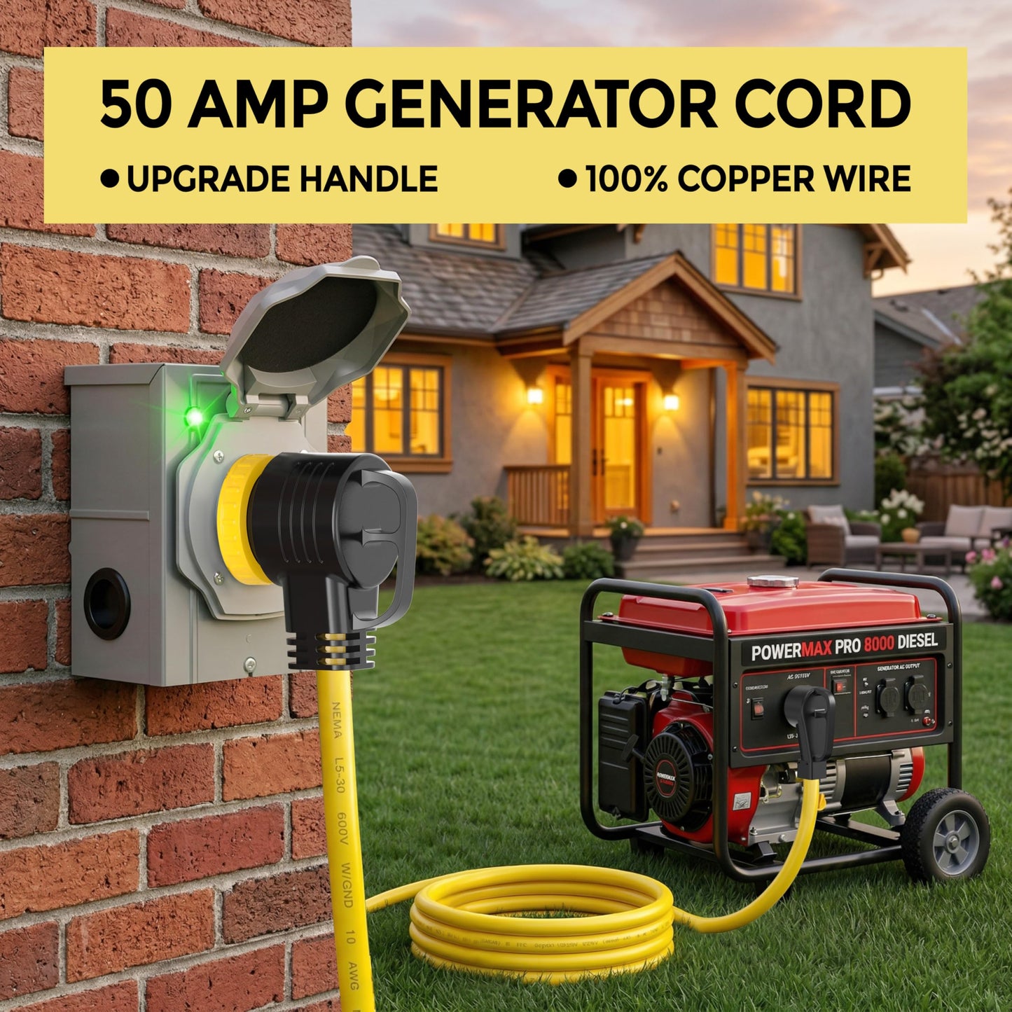 YOMILINK 50 Feet 50 Amp RV/Generator Cord, 100% Copper Wire, NEMA 14-50P to SS2-50R Twist Lock, Newly Designed 90°Grip Handle, 6/3+8/1 Gauge STW Wire