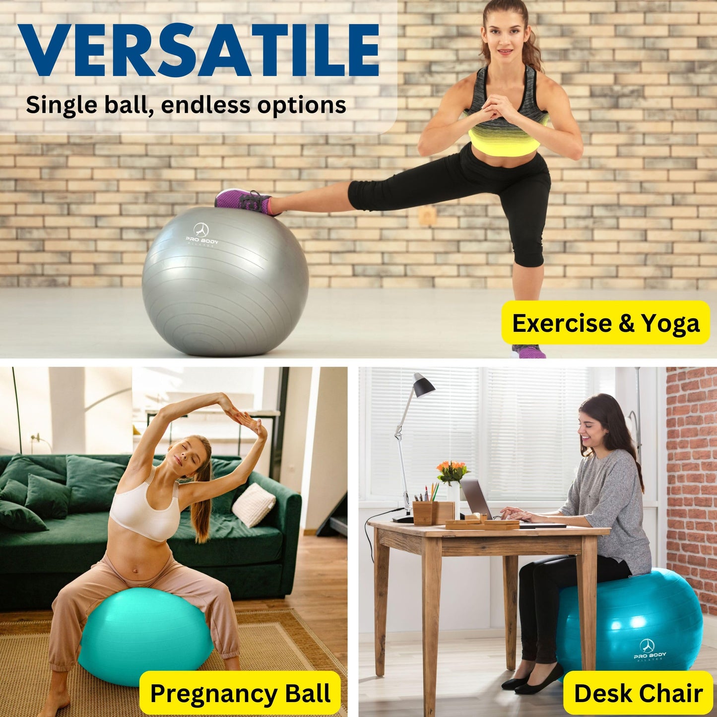 ProBody Pilates Yoga Ball - Fresh Colors Exercise Ball for Stability, Pregnancy, Workout, Physical Therapy & Birthing, Balance Ball Chair (Lime, 65 cm)