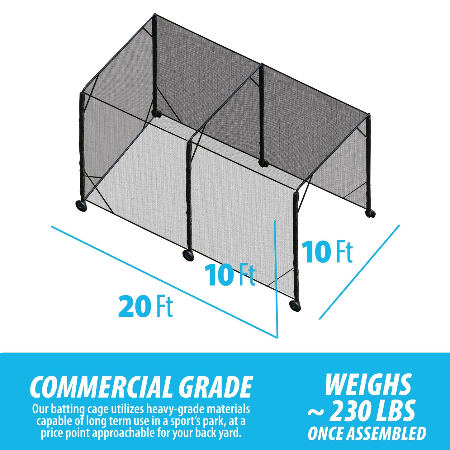 Heavy Duty Baseball & Softball Batting Cage with Wheels – Commercial-Grade Portable Batting Cage for Backyard, Driveway, Training & Club Use | Multi-Sport Practice | Easy Setup (20 FT)