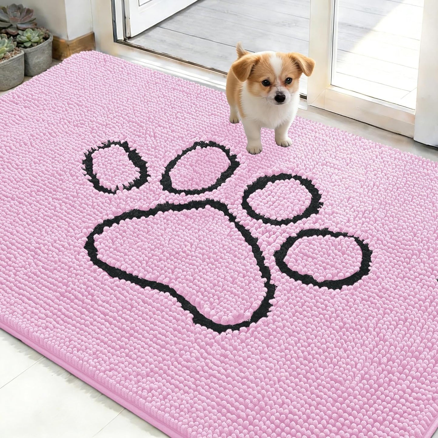 OLANLY Dog Door Mat - Absorbent Non-Slip Mud Mat for Paws | Quick Dry Chenille, 48x30, Pink