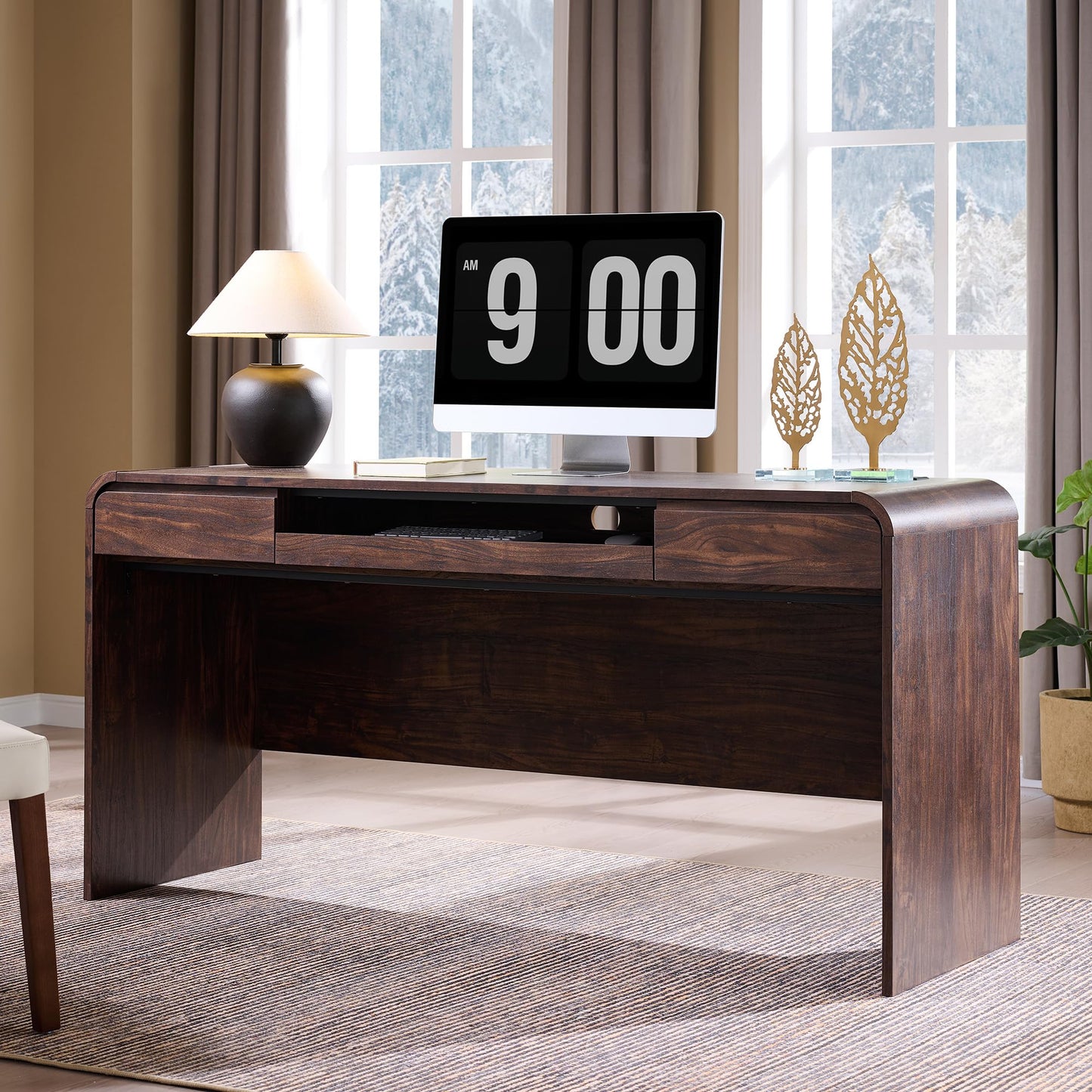 ALLTUFO 63" Modern Computer Desk with 2 Drawers, Wood Curved Executive Desk with Keyboard Tray & Power Outlet, Writing Desks with Storage for Home Office, Study Room, Living Room (Brown)