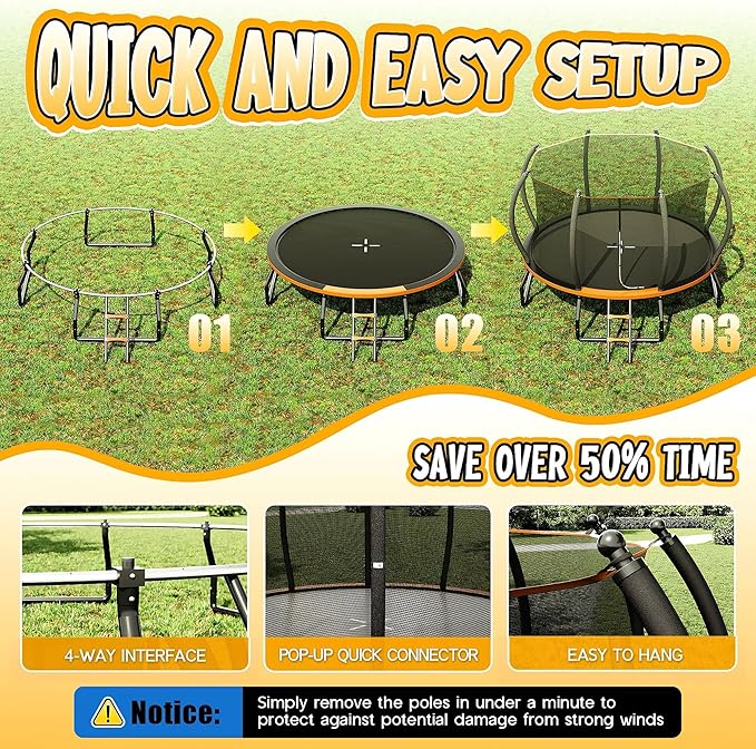 8FT 10FT 12FT 14FT 16FT Trampoline with Pop-up Quick Connector and Basketball Hoop, Trampoline Outdoor with Enclosure, Ladder, ASTM Approval for Kids and Adults