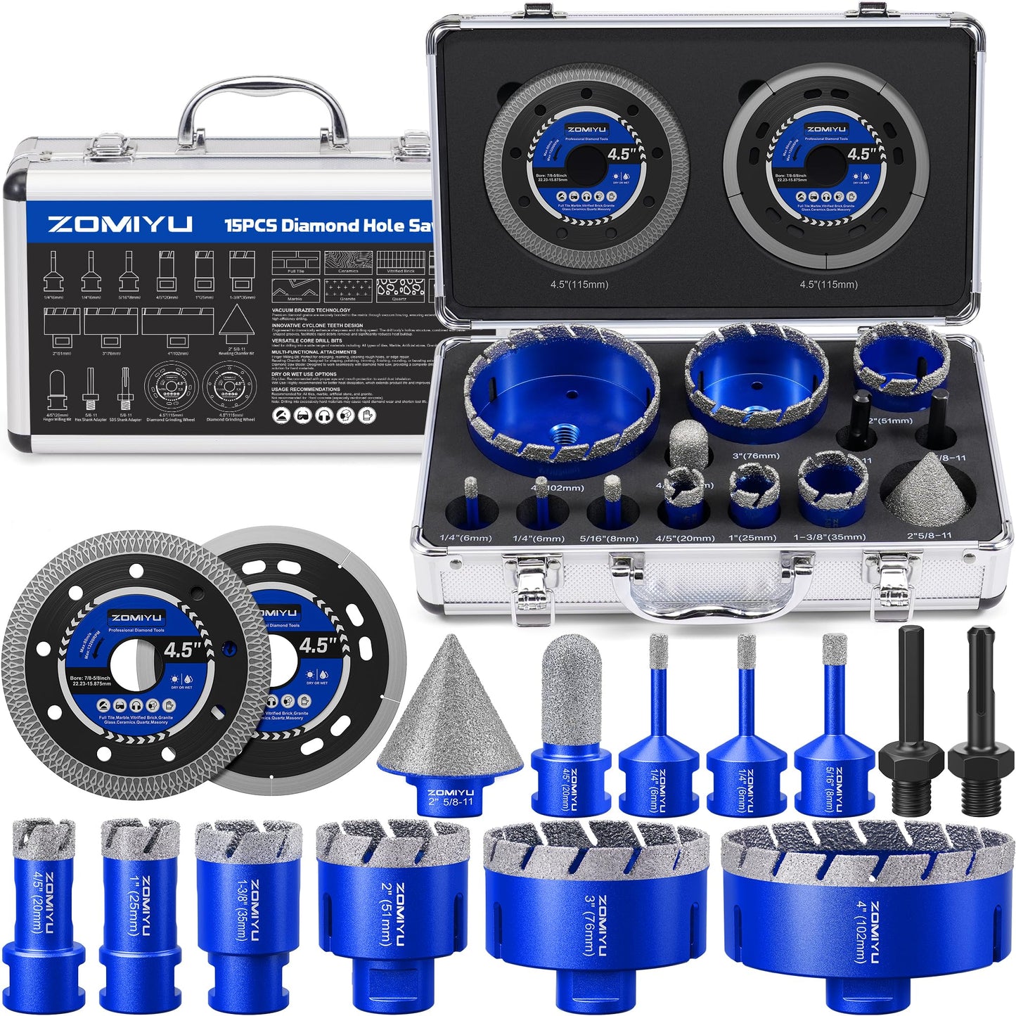 ZOMIYU Diamond Hole Saw Kit, 15PCS Diamond Drill Bits Set 1/4" 5/16" 4/5" 1" 1-3/8" 2" 3" 4", Vacuum Brazed Tile Hole Saw for Porcelain Tile, Granite, Marble, Stone