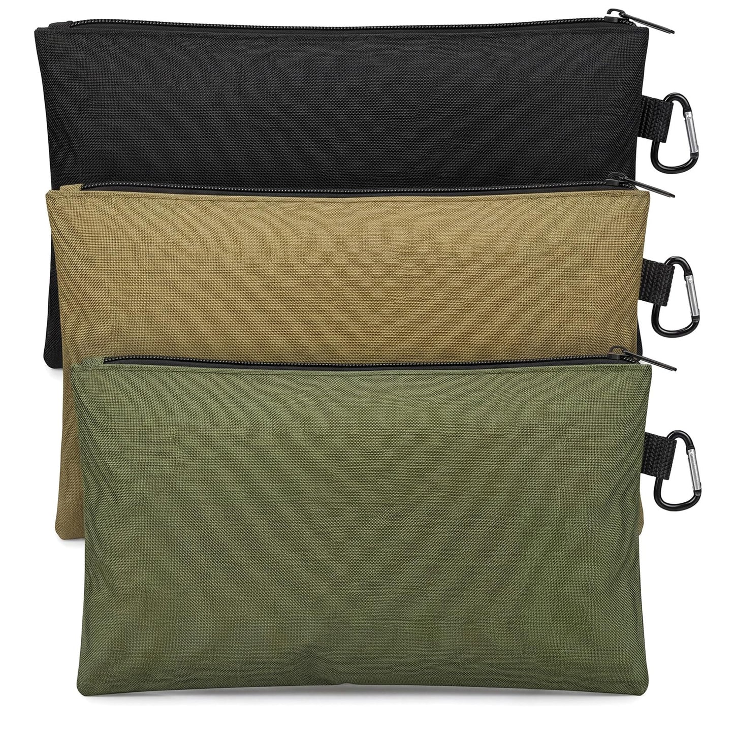 3 Pack Tool Pouch Zipper Bag, Heavy Duty 600D Utility Tool Bags with Carabiner, Multipurpose Storage Organizer for Tools, Electronics & Accessories (Tan, Navy Blue, Black)