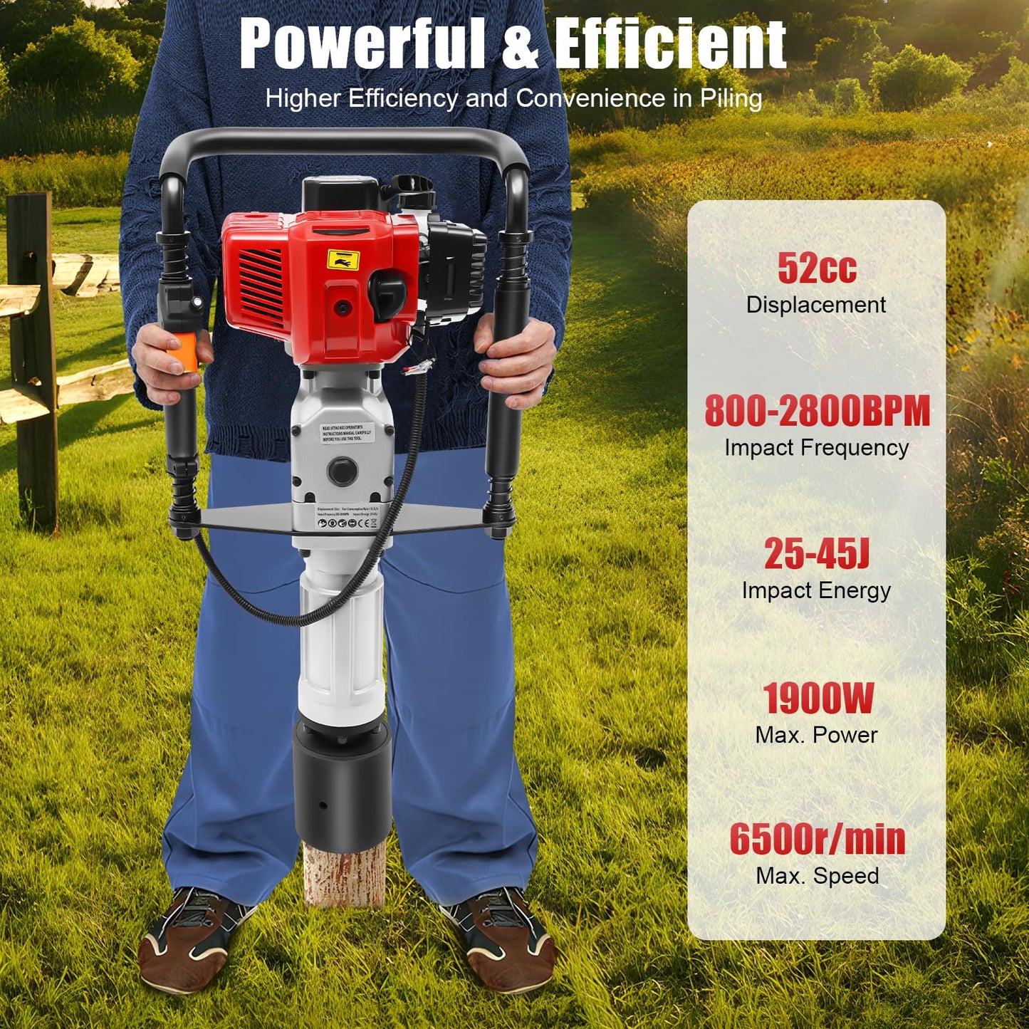 52CC 2 Stroke Gasoline Farm Fence Pile Driver 1900W 2800BPM Gas Powered T Posts Driver with 3 Post Driving Heads Gasoline Piling for Fence Post Construction