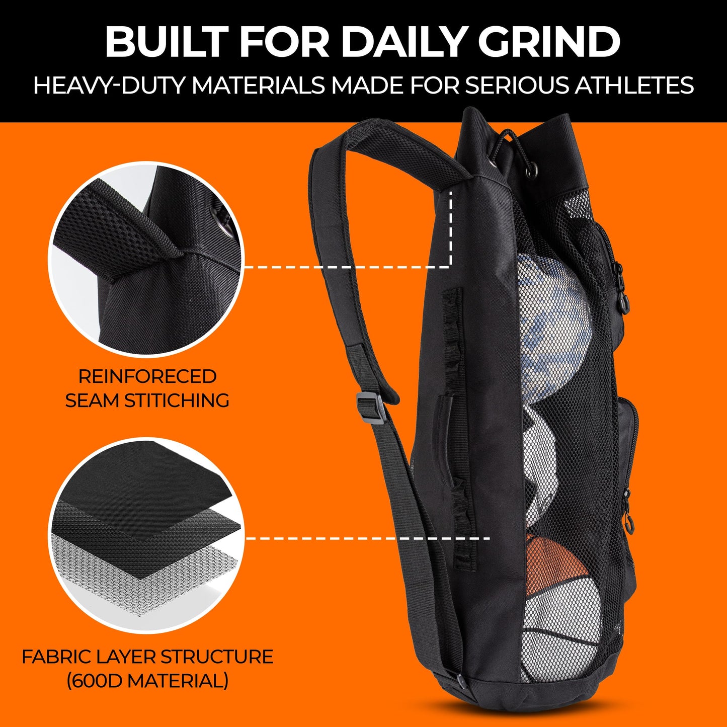Fitdom 47L Heavy Duty Mesh Equipment Ball Bag w/Adjustable Padded Sling Shoulder Strap Design for Coach. 3 Different Size Compartments. Perfect for Soccer Football Volleyball Basketball & Water Sports