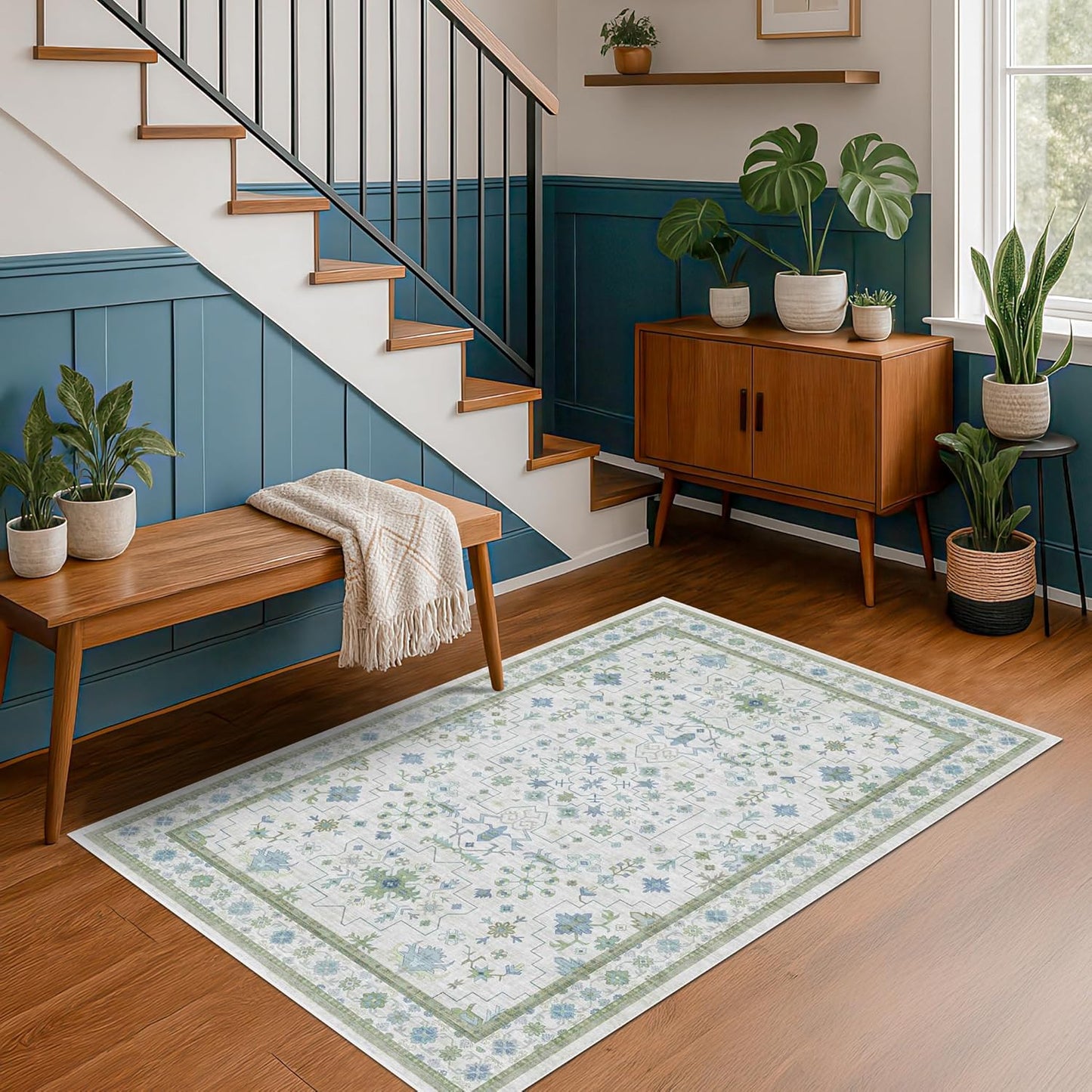 Oushak 4x6 Boho Pastel Rug - Low Pile, Non-Slip, Stain Resistant Throw for Living Room, Kitchen & Entryway