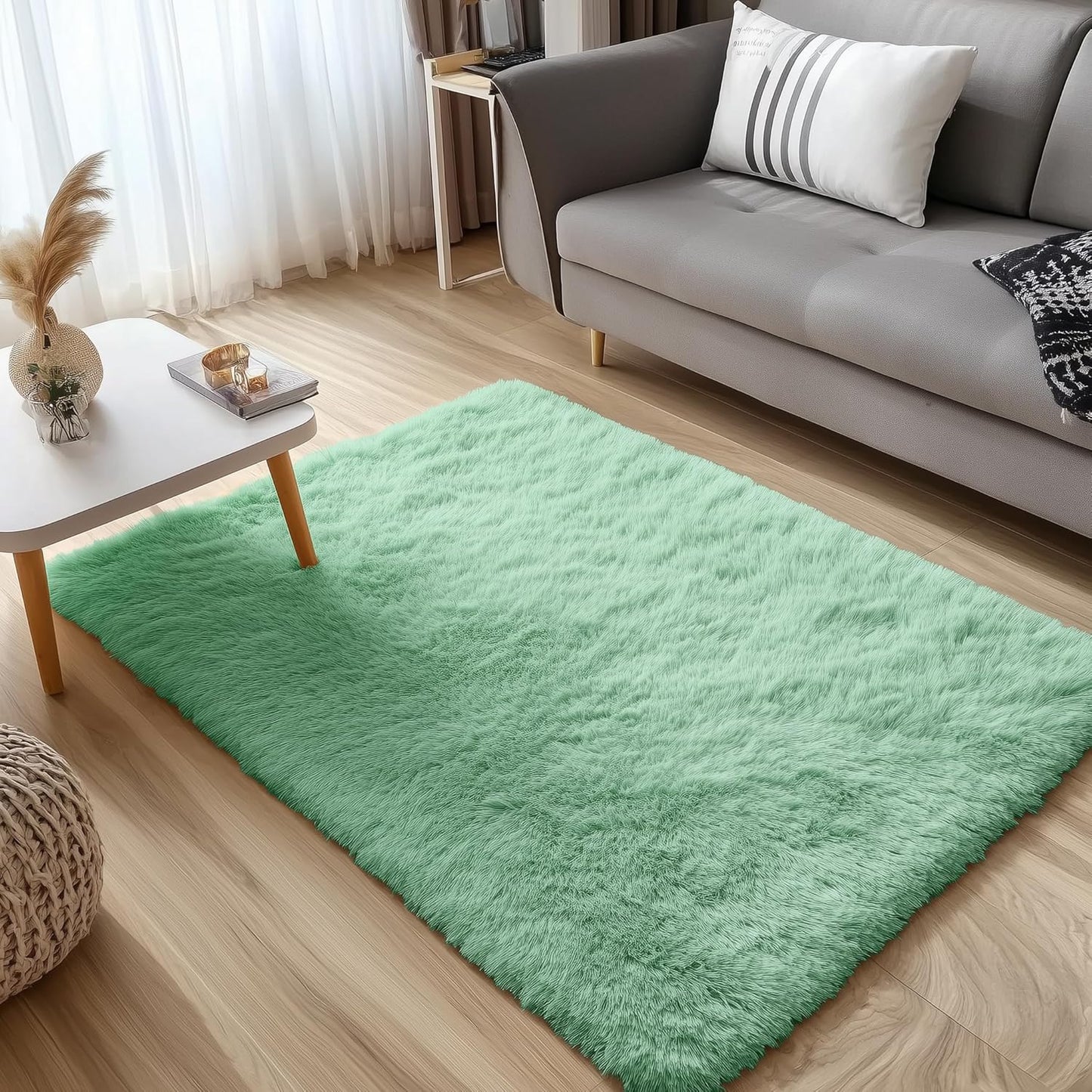 OLANLY Soft Fluffy Shaggy Bedside Rug - 3x5 Machine Washable Indoor Carpet in Mint Green for Kids & Nursery