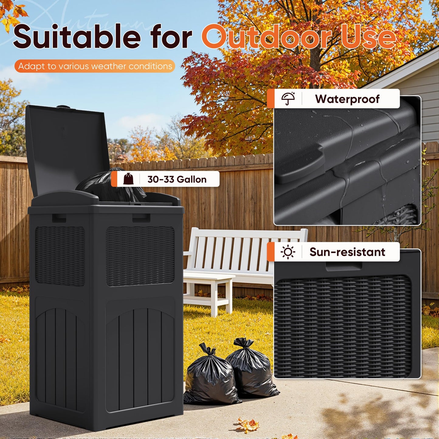 YESHOMY 33 Gallon Resin Outdoor Trash Can with Lid, Hideaway Waterproof Patio Garbage Bin, Black