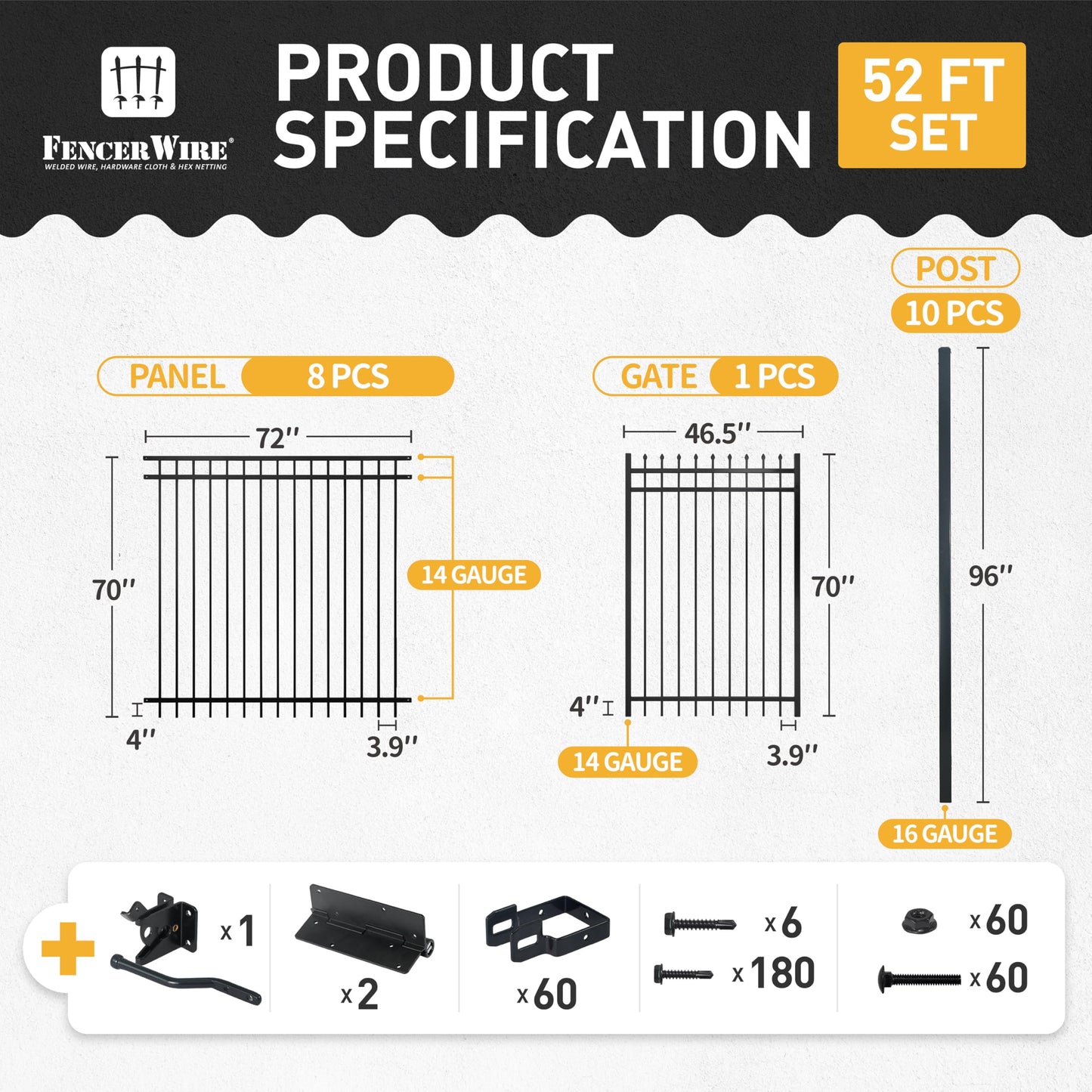 Fencer Wire 52FT Heavy Duty Flat Top Fence Barrier Kit, Anti-Rust Metal Steel Fence with 6FT Height X 6FT Width Panels, with Pinnacle Gate, Posts, Connectors, Outdoor Fencing for Yard