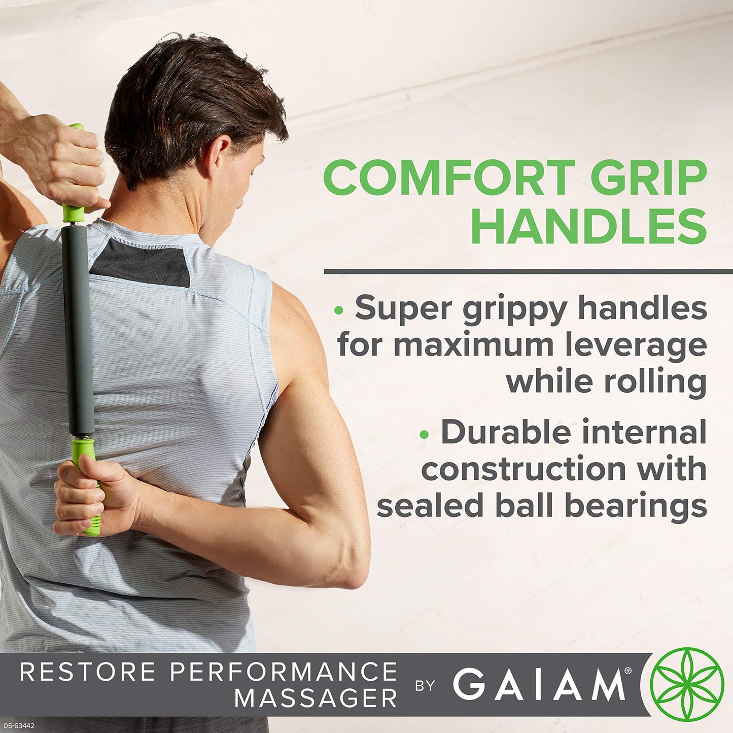 Gaiam Restore Massage Stick Roller - (Dimensions: 19"L) Foam Cushioned Performance Hand Held Muscle Massager | Comfort Grip Handles | Solid Steel Construction