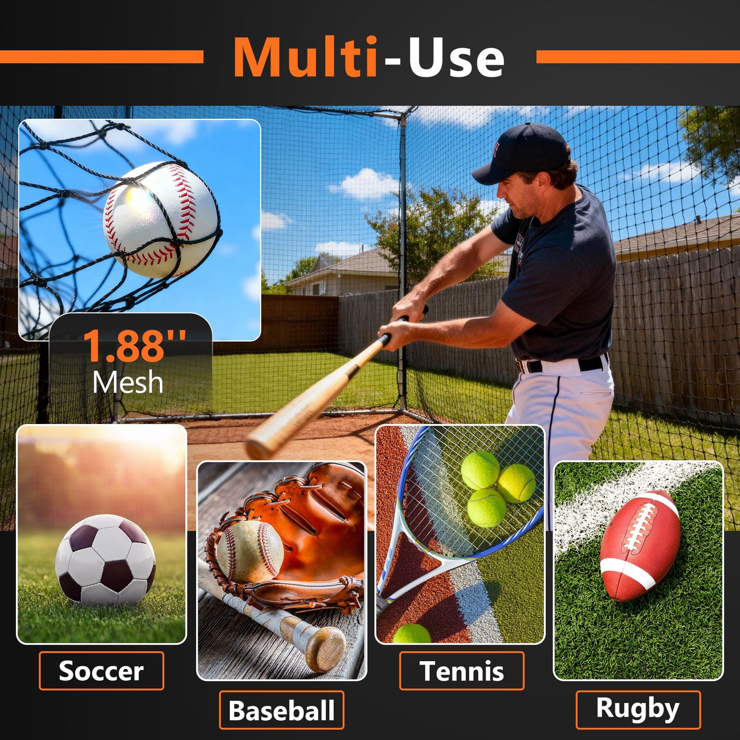 ORIENGEAR Baseball Batting Cage Nets, ONLY NET, 12'H x12'W x 70'L Baseball and Softball Cage Netting, 1.88" Mesh, Professional Fully Enclosed Heavy Duty PE Hitting Cage Net with Door, Without Poles