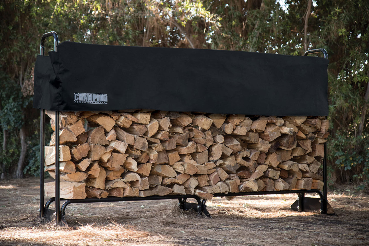 Champion Power Equipment 8-Ton Compact Horizontal Gas Log Splitter with 96-Inch Firewood Heavy Duty Wood Log Rack and Rack Cover