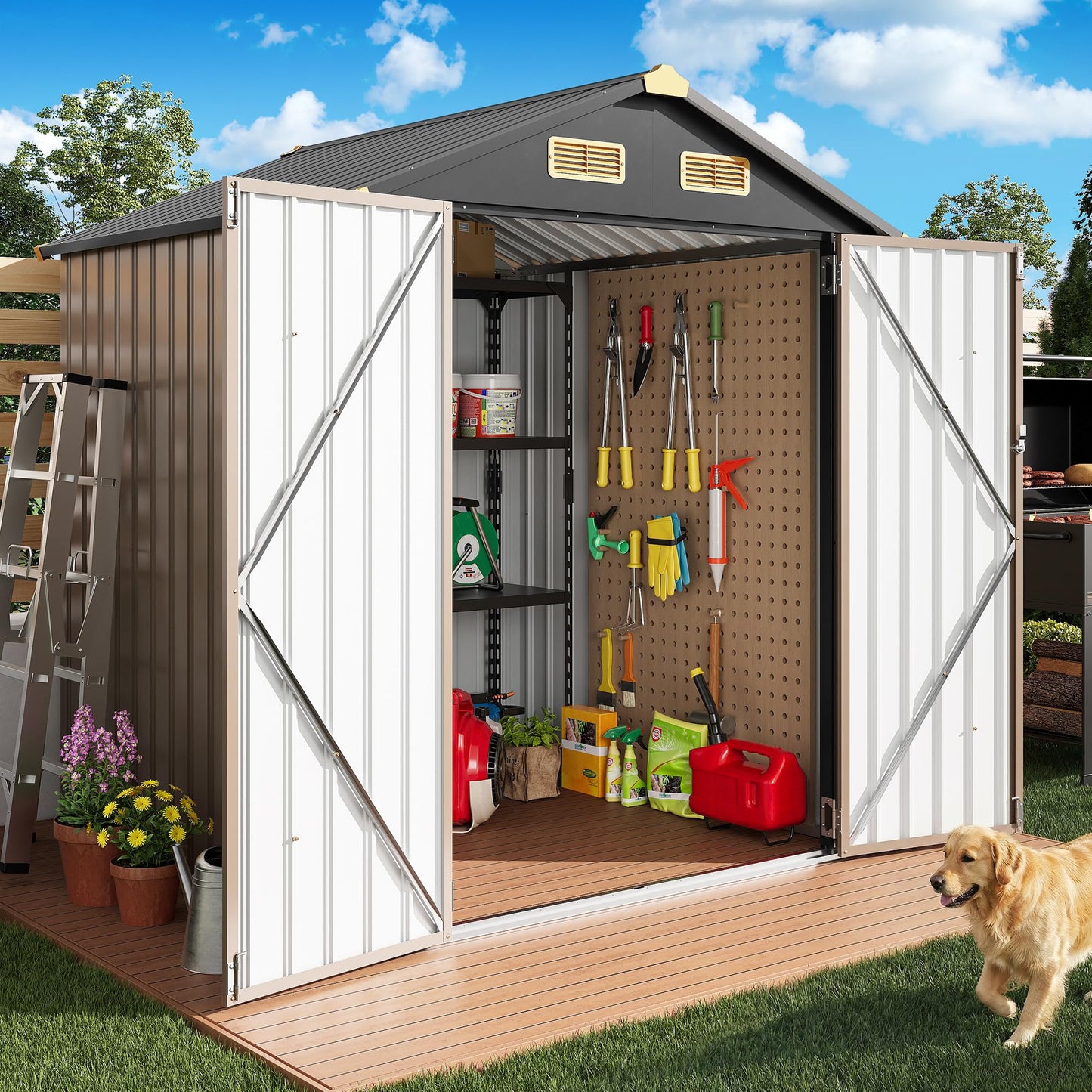 IRONCK 5.7x5.7FT Outdoor Storage Shed, Metal Garden Tool Shed with Breathable Vent and Lockable Doors, Outside Storage for Backyard, Poolside, Patio, Brown