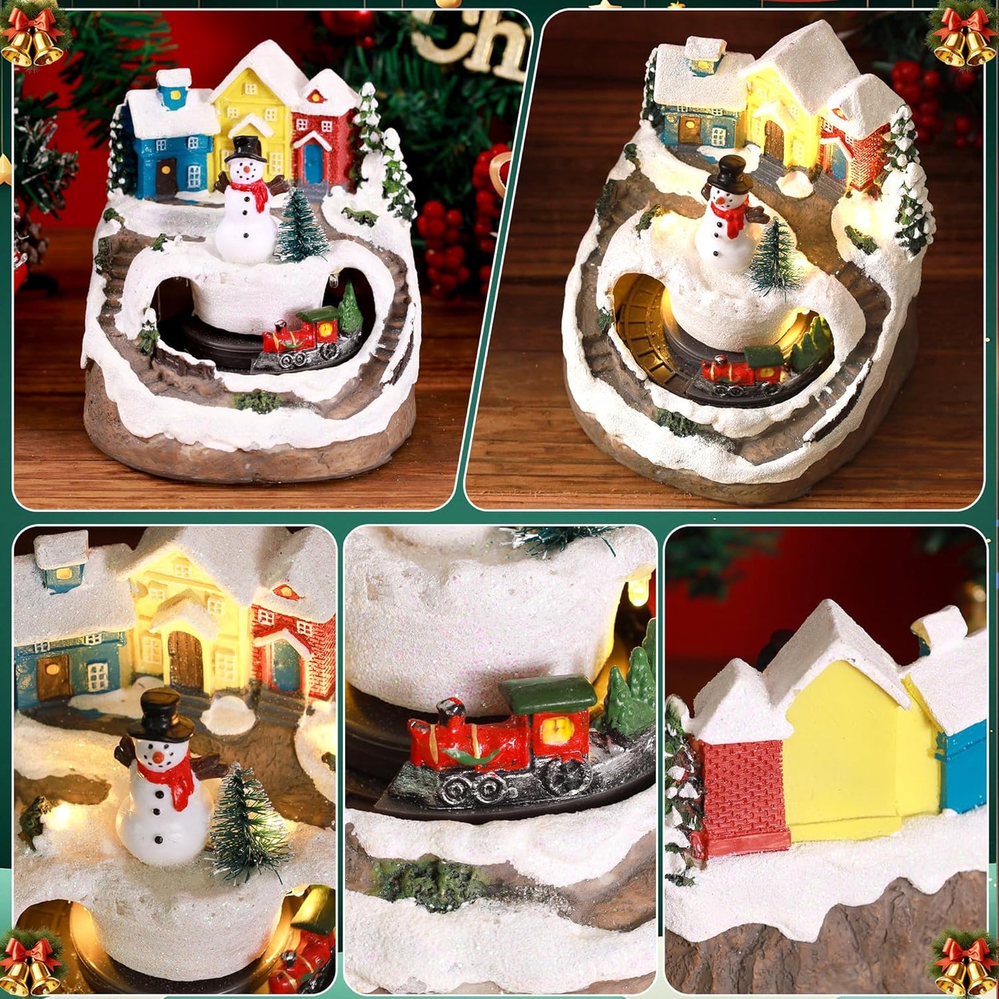 Skiennix Musical Resin Snowman Figurines - Spinning Train & LED Lights | Holiday Indoor Decor