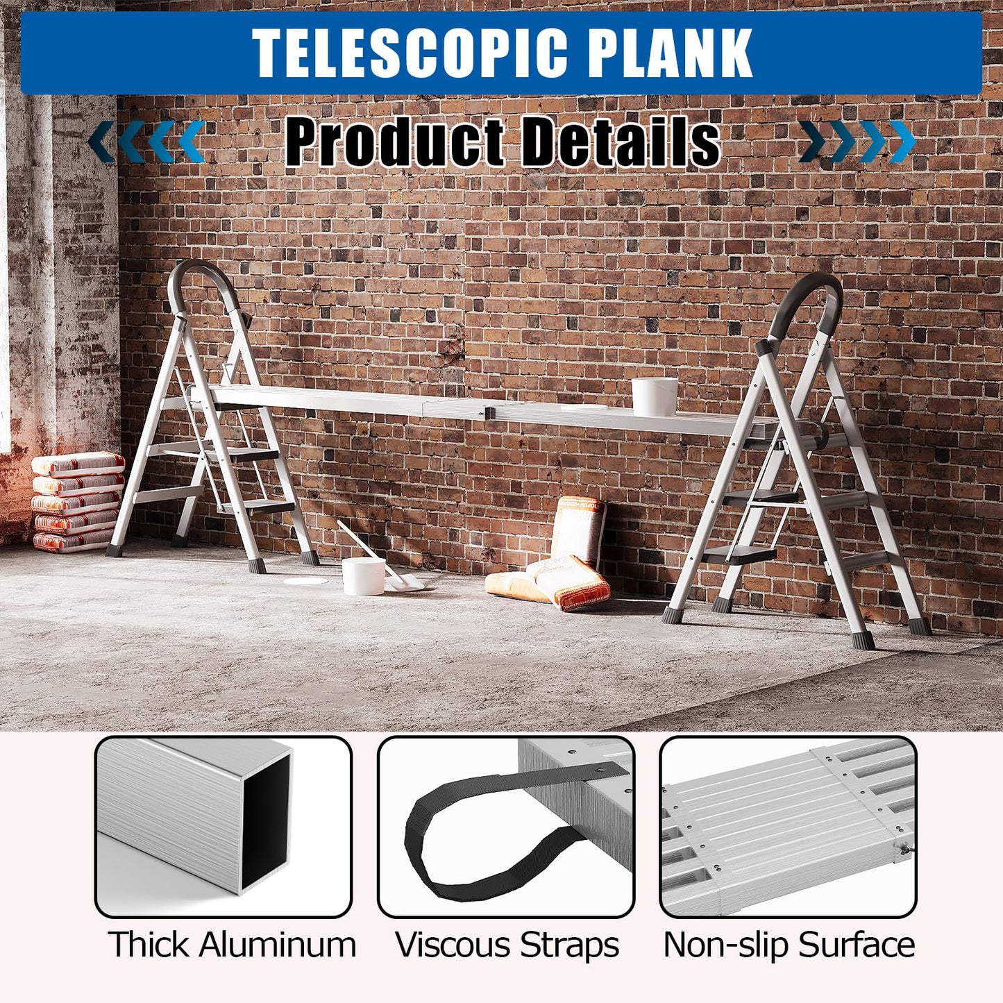 6-9ft Telescoping Plank, Aluminum Work Plank, 440 Lbs Load Capacity Extension Scaffolding Plank with Skid-Proof Platform Scaffold Ladder Accessory, 12.5 Inch Width, Silver
