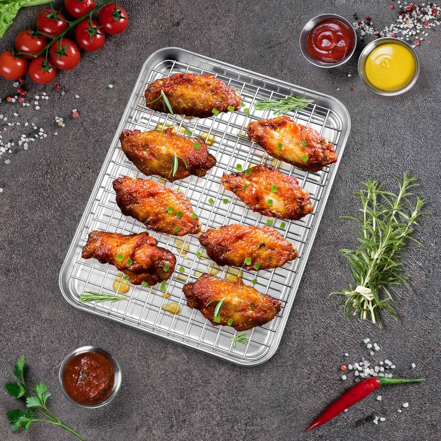P&P CHEF Toaster Oven Pan Set - 10.4 Inch Stainless Steel Baking Tray & Cooling Rack | Dishwasher Safe, Non-Toxic, Easy to Clean