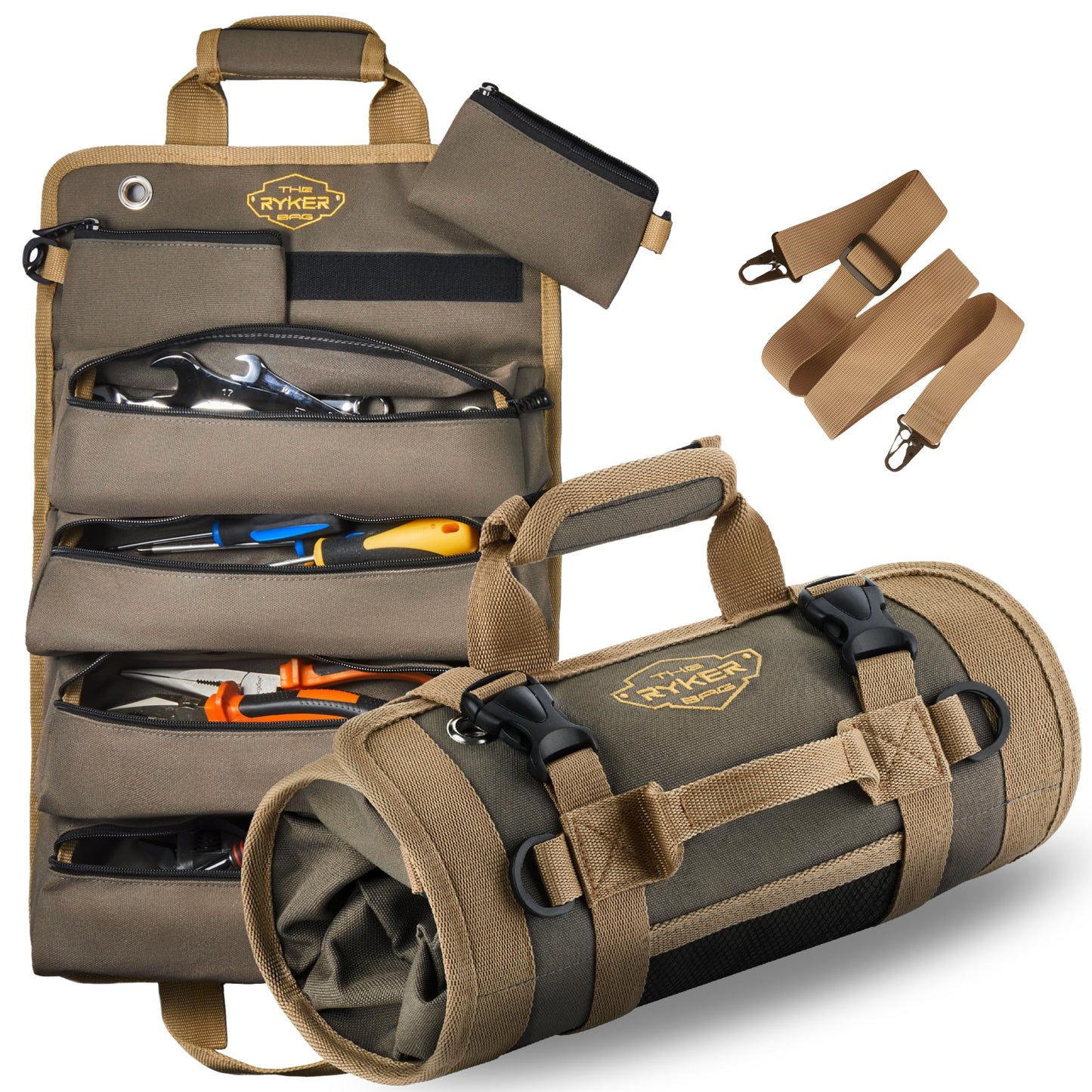 The Ryker Roll Up Tool Bag Organizer Gifts for Dad. Heavy Duty Motorcycle Tool Roll Bag Organizer. Portable Rollup Toolbag w/Detachable Pouches - Tools Bags Mens gifts for him - Mechanic & Electrician