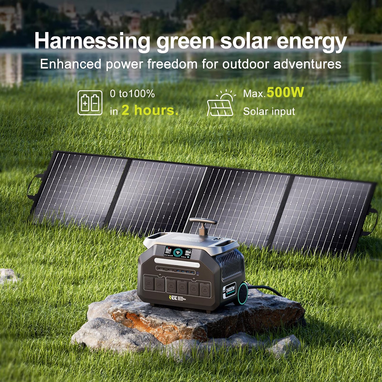 IEE 2400W(4800W Peak) Portable Power Station P2400, 2048Wh LiFePO4 Solar Generator with 500W Solar Panel, 1800W AC & 500W Solar Charging, 16 Output Ports, APP & EPC, for Home/Camping/RV/Emergency