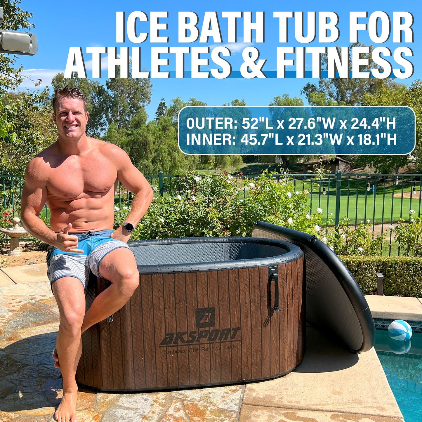AKSPORT Ice Bath Tub for Athletes, 151 Gallons Inflatable Cold Plunge Tub Compatible with Water Chillers, Icebath for Recovery & Cold Water Therapy, Portable Bathtub for Indoor & Outdoor-Wood