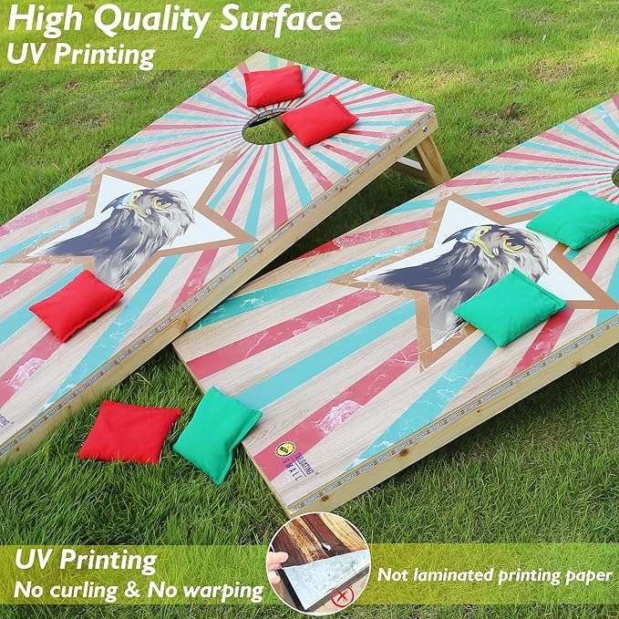 LED Cornhole Board Set 4FTx2FT Solid Wood Regulation Size Cornhole Set with LED Lights Includes 8 Cornhole Bags for Adults (Eagle, 4'x2')