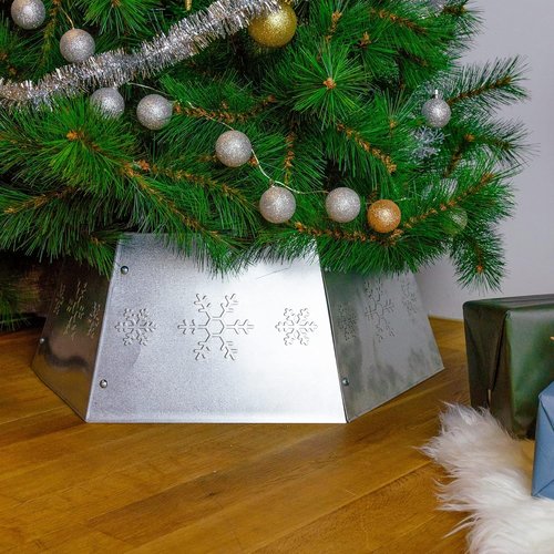 FORUP Metal Christmas Tree Ring - Printed Snowflake Design | Decorative Tree Skirt Base (Silver)