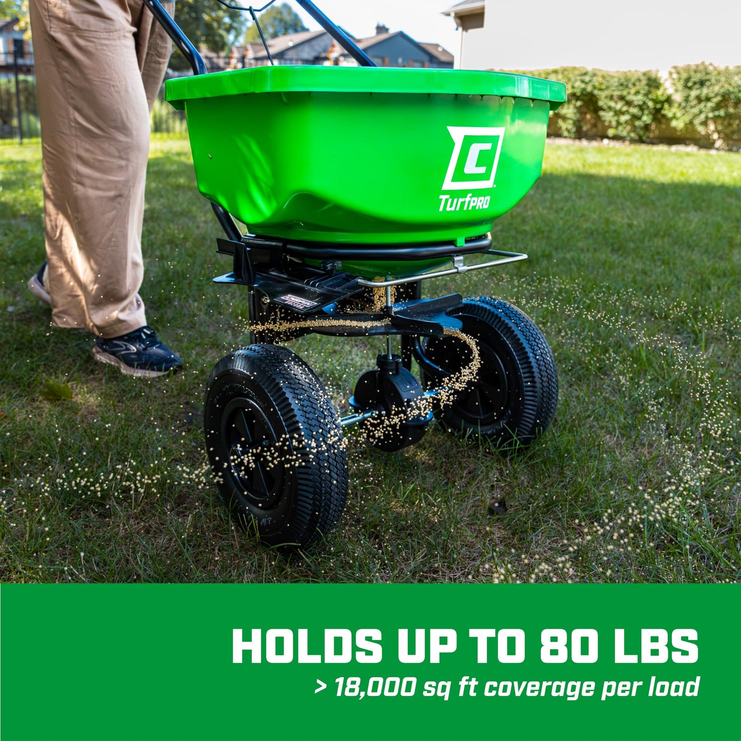 Chapin 89000A Spreader, Lawn and Garden, 80Lbs, TurfPro, Broadcast, Push, Walk Behind, 10" Tires, Weather-Proof, Poly Hopper, Pull-Bar Lever with 15 Setting Gate, Spreads Fertilizer and Seeds