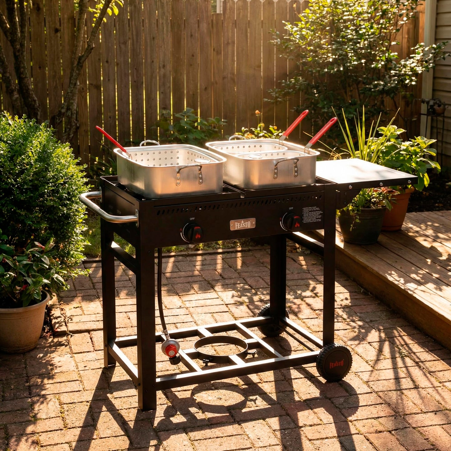 FEASTO Outdoor Propane Deep Fryer with Movable Cart, 2-Burner Stove with 100,000 BTU Total, 2 x 18QT Aluminum Pots, 1 x 18QT Basket & 2 x 9QT Frying Baskets, Portable Fryer for Fish, Fries & Chicken
