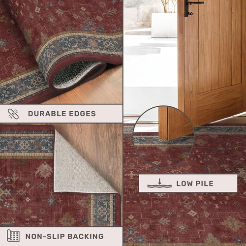 Hazo Haus Burgundy Washable Entry Rug - Non-Slip, Low Pile, Stain & Fade Resistant | Modern Floral Design