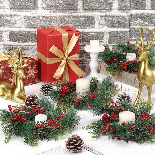 Knitgrip Mini Christmas Candle Rings - 4 Pcs Red Berry Pinecone Wreaths for Holiday Decor | Table Centerpiece